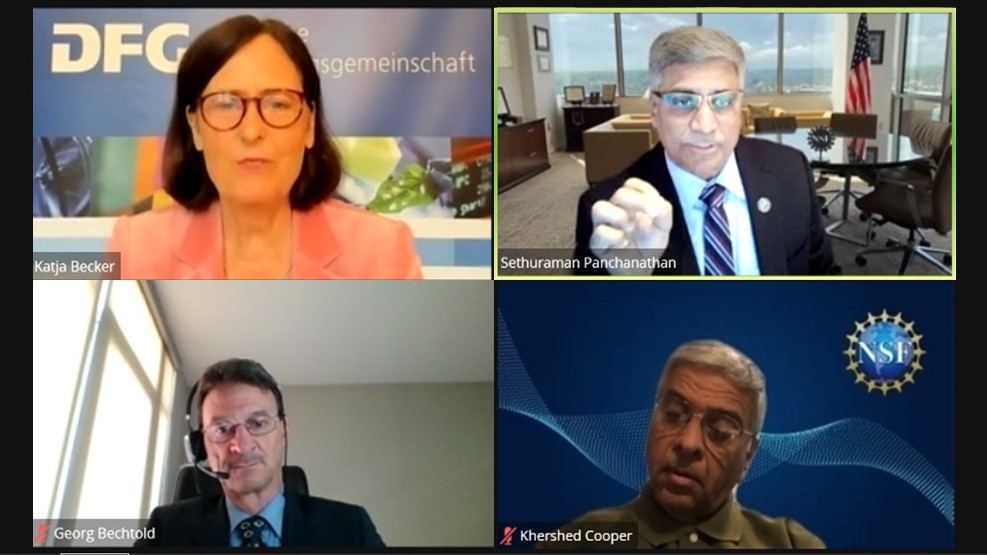 DFG President Katja Becker in virtual conversation with NSF Director Sethuraman Panchanathan (clockwise from top left) Dr. Katja Becker, Dr. Sethuraman Panchanathan, Dr. Georg Bechtold, Dr. Khershed Cooper (NSF)