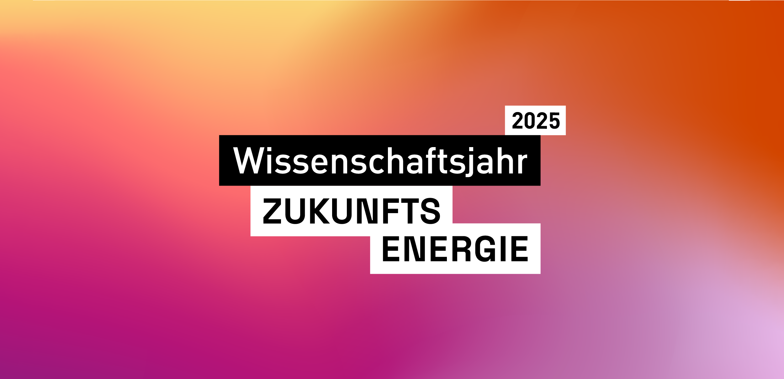 Der Schriftzug "Wissenschaftsjahr" in weißer Schrift auf schwarzem Hintergrund, darunter der Schriftzug "ZUKUNFTSENERGIE" und darüber kleiner "2025" in schwarzer Schrift auf weißem Hintergrund. Die Schriftzüge liegen ihrerseits nochmal auf einem bunten rot-rosa-orangenem verschwommenem Hintergrund.